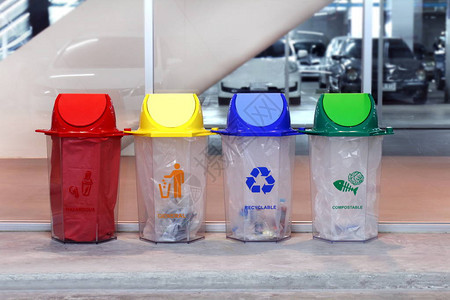 Bin回收箱塑料垃圾桶废旧红色黄蓝和绿色4类废物图片