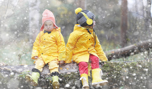 蹒跚学步的孩子们在秋天的公园里散步秋林初霜雪孩子们在公园背景图片