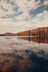 在新英格兰斯图瓦市有秋树叶湖和山丘图片