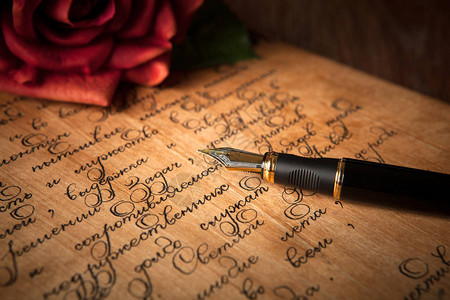 钢笔写在信上文字和红玫瑰特写图片