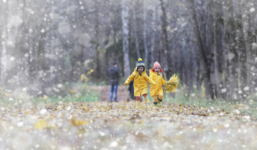 蹒跚学步的孩子们在秋天的公园里散步秋林初霜雪孩子们在公园背景图片