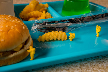 考察不健康快餐学校午餐的营养价值的小型薄图片