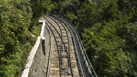 在桑尼天气的一个夏天铁路的分界线Sunny图片