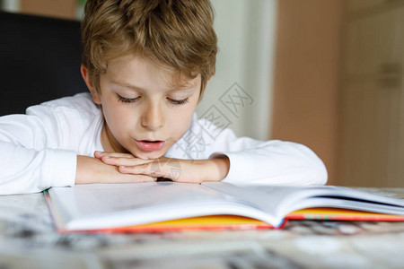 金发小男孩在家看书有兴趣为孩子们阅读杂志的孩子儿童休闲培养技背景图片