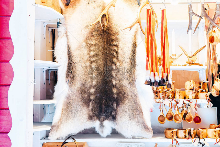 冬季在拉普兰芬兰的驯鹿毛和角图片