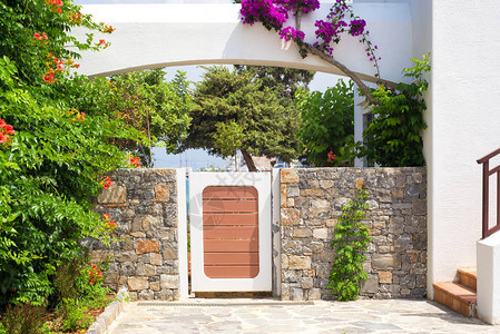 希腊鲜花的小门和墙图片