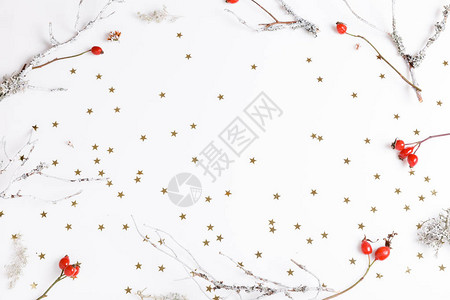 圣诞作文红色玫瑰果浆白色背景上的圣诞糖果手杖和金色星圣诞节图片