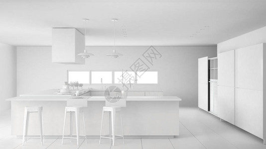 简约专业现代厨房的全白色项目配有件图片