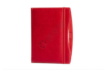 红色皮革PU议程日记笔本与笔筒隔离在白色背景在文具中图片
