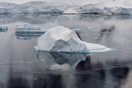 南极极光与冰山和反射的南极海景背景