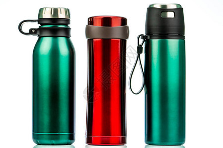 孤立在白色背景上的保温瓶咖啡或茶可重复使用的瓶容器Thermos旅行杯绝缘饮料容器红色和绿色不锈钢热背景图片