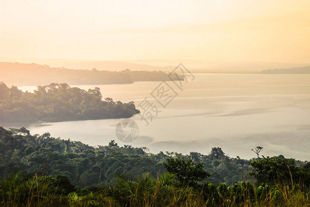 乌干达维多利亚湖上空黎明时温柔黄高清图片
