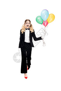 小丑气球穿着西装的快乐女小丑拿着气球笑着被背景