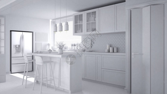 现代斯堪的纳维亚厨房的全白色项目图片