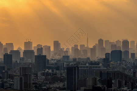 东京塔的景象与日落时各种建筑城景相撞图片