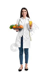 科技背景白底白色背景健康产品女营养学家的肖像图画白底妇背景
