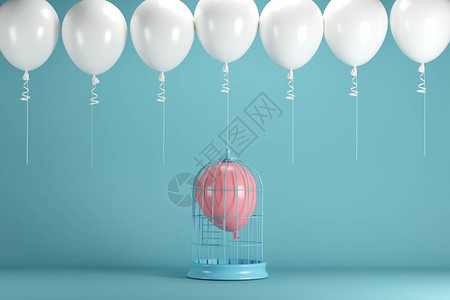 粉色气球在白笼里漂浮在蓝色背景和白色气球上图片