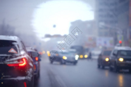 冬季公路交通堵城市高速公路的冬季天气雾雪路上汽车的风景图片