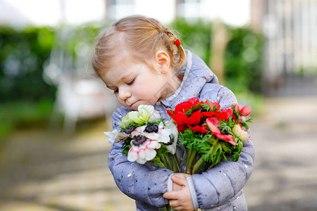 春天花园里有红色和白色毛茛花的小蹒跚学步的可爱女孩快乐可爱的宝拿着新鲜的五颜六色的花束作为母亲节送图片