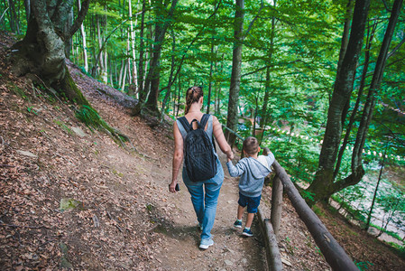 母亲与儿子手牵走林间小道旅游理念图片