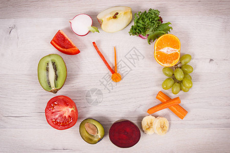 时钟形状的新鲜成熟水果和蔬菜显示出含有维生素和矿物质的图片