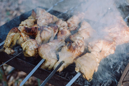 准备烧烤肉和鸡肉在外户的热身照图片