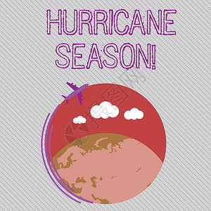 显示飓风季节的文字符号商业照片展示了大多数热带气旋预计将开发带有移动图标在彩色地球周围飞行和空白文本空间图片