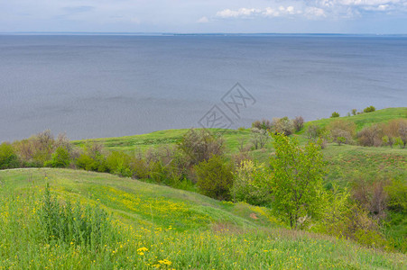 春天丘陵景观Kakhovka水库河畔图片