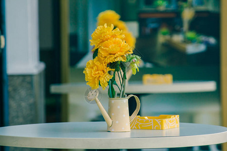 白桌上的花瓶花盆喷壶图片