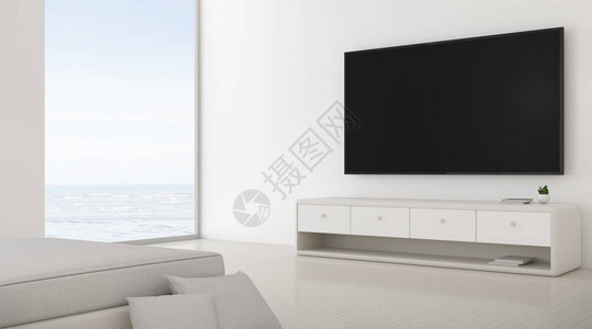 在海景背的明亮复合地板上可以看到最小的客厅与家具室内设计与电视和橱柜在白墙上图片