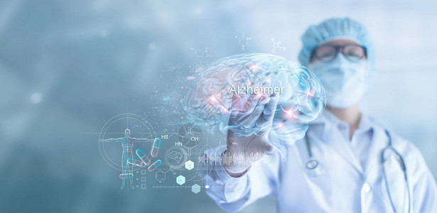 摘要医生检查和分析阿尔茨海默病和脑痴呆虚拟界面测试结果科学和医学概念图片