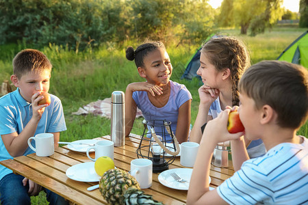 一群孩子在夏日户外野餐图片