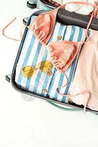 女夏季比基尼泳衣时髦的太阳镜和行李服装图片
