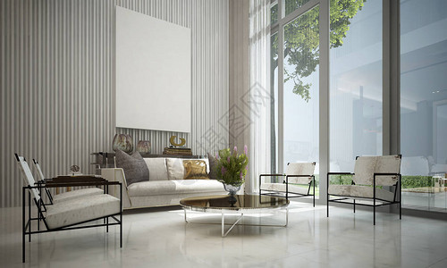 现代奢华室内设计与白墙条纹质感与海景图片