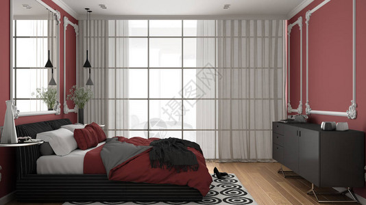 现代红色卧室位于经典客房内图片