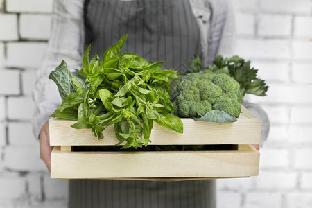 将有机绿色蔬菜和生态绿色蔬菜放在木制回收箱中图片