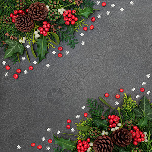 圣诞背景与松散的胡利浆果雪花装饰品和冬季植物接壤图片