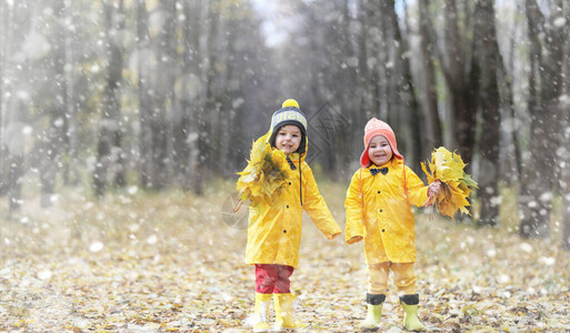 蹒跚学步的孩子们在秋天的公园里散步秋林初霜雪孩子们在公园背景图片