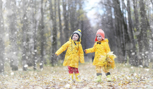 蹒跚学步的孩子们在秋天的公园里散步秋林初霜雪孩子们在公园背景图片