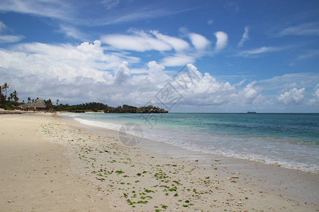 以松绿的水和明亮的天空震撼着印度洋天堂海滩背景图片