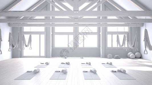 空荡的瑜伽室内设计的全白色项目图片