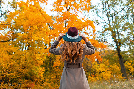 树木与橙黄色的树叶女孩在森林里拉直华丽的帽子秋季图片