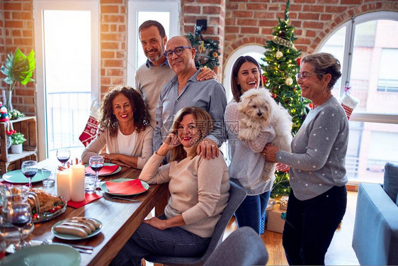 家人和朋友在家中用传统食物和装饰庆祝圣诞节晚夜图片