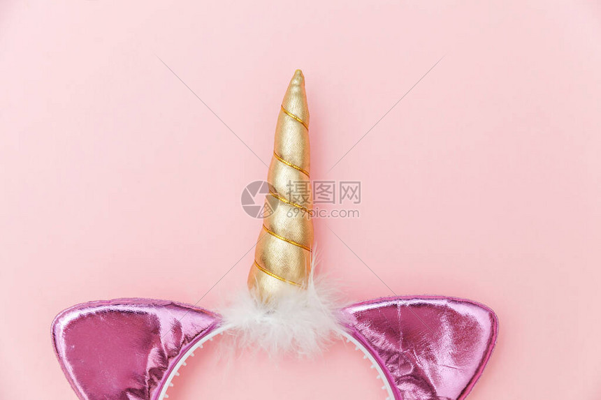 Kawaii独角兽概念简单平坦的普通设计万圣节晚会单角号发带从属在粉色糊面背景图片