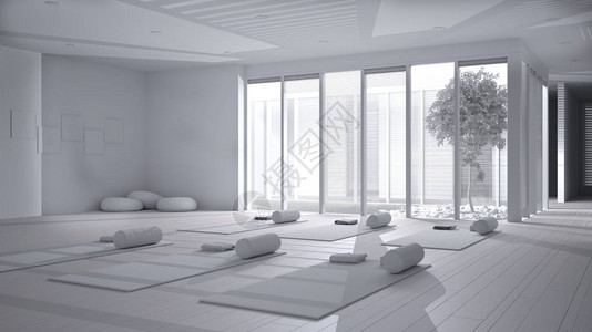 全屋整装全白色项目草稿空荡的瑜伽室内设计垫子枕头和配饰露台屋带树木和鹅卵石的内花园准备瑜伽背景