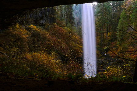 俄勒冈州塞勒姆附近银瀑布州立公园的美丽秋景在太平洋西北部的一条瀑布远足径后面俄图片