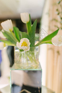 室内装饰或婚礼的玻璃花瓶中的白色图片