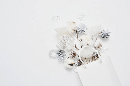 圣诞假装成白色包件的锥形花和雪花干束图片