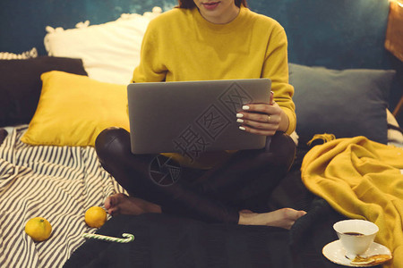 美丽的年轻女子在舒适的圣诞室内在笔记本电脑上在线购物图片