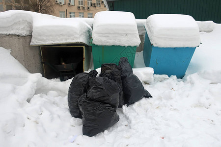 垃圾箱附近垃圾箱里的雪堆里图片